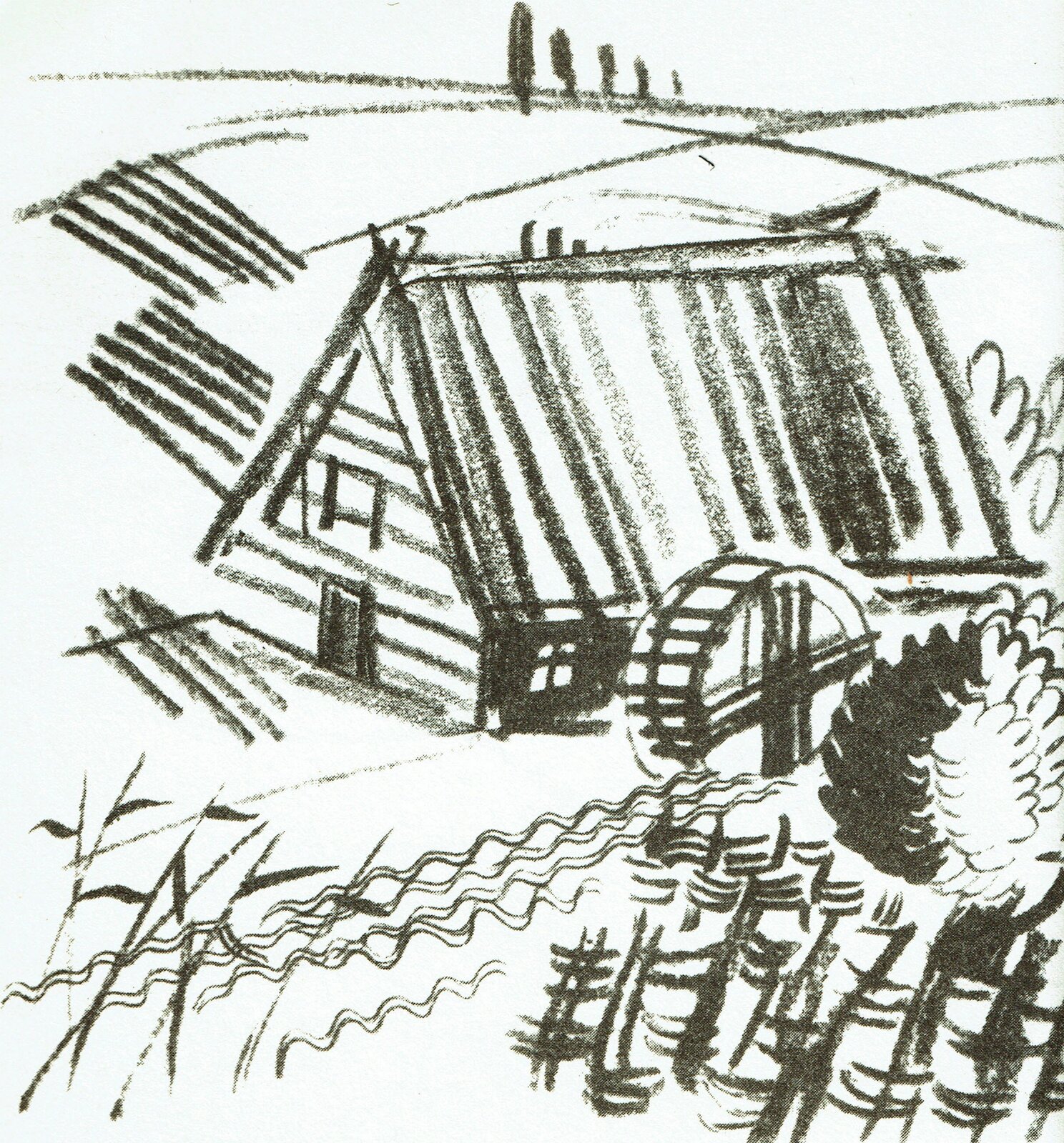 Ilustracja przedstawia pracę Adama Kiliana z książki Hanny Januszewskiej "Pyza na polskich dróżkach". Ukazuje młyn wodny z kołem na tle rozległych pól. Na horyzoncie rośnie kilka drzew. Przed młynem płynie strumyk.