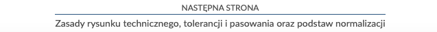 Ilustracja przedstawia poziomą linię. Nad linią napisano następna strona. Pod linią napisano zasady rysunku technicznego, tolerancji i pasowania oraz podstaw normalizacji.