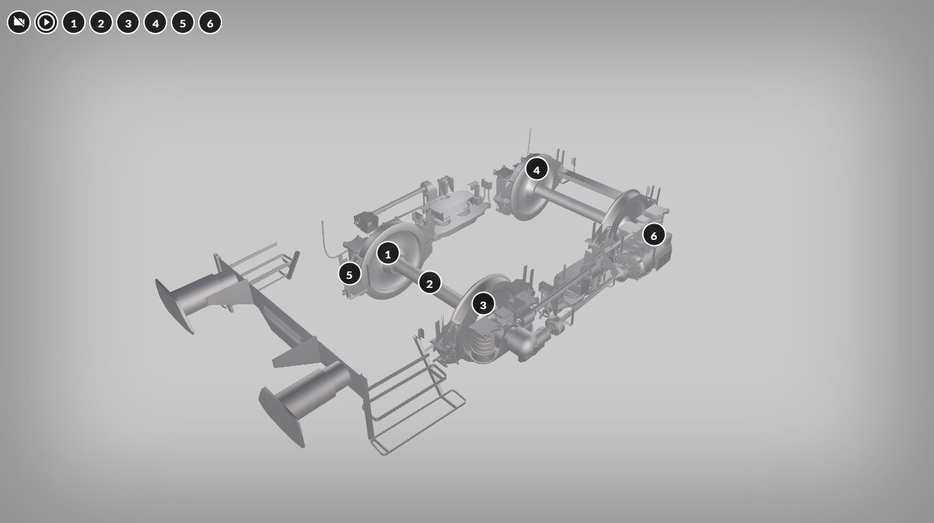 Przykładowy wygląd modelu 3D podwozia. Wybrane części modelu są opatrzone punktami interaktywnymi. Model można obracać.