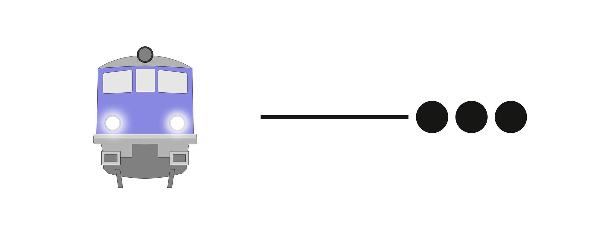 Ilustracja przedstawia pojazd kolejowy z trzema światłami, dwa dolne świecą się na biało. Obok pokazana jest pozioma czarna linia i trzy czarne kropki.