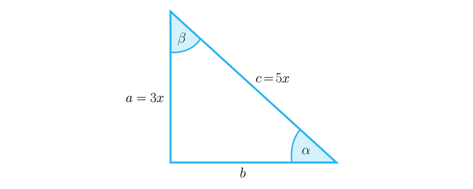Rysunek przedstawia trójkąt prostokątny o podstawie b, pionowej przyprostokątnej opisanej jako a, równa się, trzy x oraz o przeciwprostokątnej opisanej jako c, równa się, pięć x. Zaznaczono także dwa kąty wewnętrzne trójkąta. Kąt BETA między bokami a i c oraz kąt alfa między bokami b i c.