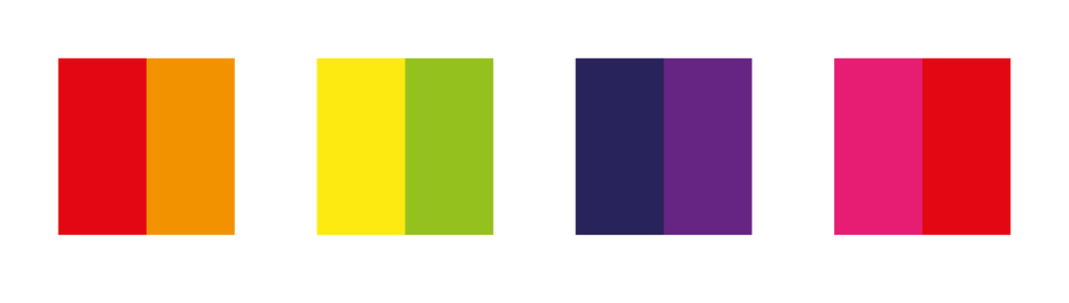 Na ilustracji znajdują się cztery kwadraty podzielone pionową linią na dwa takie same prostokąty. Poczynając od lewej strony pierwszy prostokąt ma kolor czerwono - pomarańczowy, drugi żółto -zielony, trzeci granatowo - fioletowy, a czwarty różowo – czerwony.    