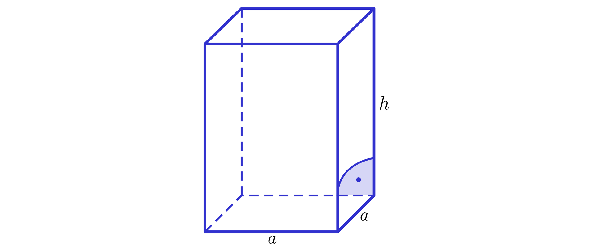 Ilustracja przedstawia graniastosłup prawidłowy czworokątny. Krawędzie podstawy są równe a, a wysokość równa h. 