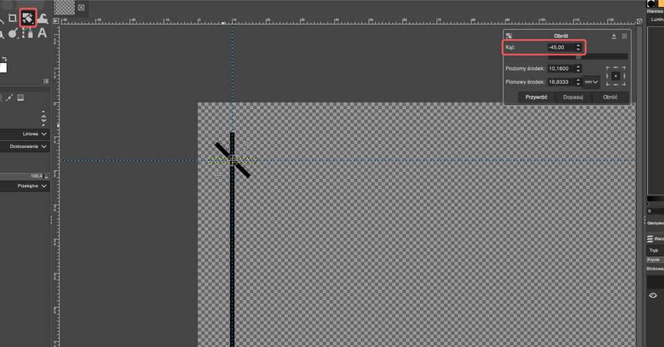 Ilustracja przedstawia okno programu. W lewym górnym rogu wybrano narzędzie Obrót. Zaznaczono kąt minus 45 stopni. W obszarze roboczym  po lewej stronie jest pionowa kreska, w jej górnej części krótka pod skosem.  