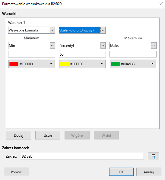 Ilustracja przedstawia okno dotyczące Formatowania warunkowego dla B2:B20. Warunki. Warunek 1: Wszystkie komórki. Skala koloru (3 wpisy). Poniżej jest opcja Minimum. Z listy rozwijanej wybrano Min, kolor czerwony hasz FF0000. Z listy wybrano Percentyl, 50, kolor żółty hasz hasz FFFF00. Maksimum, z listy wybrano Maks, kolor zielony hasz 00A933. Zastosowano przycisk OK.   