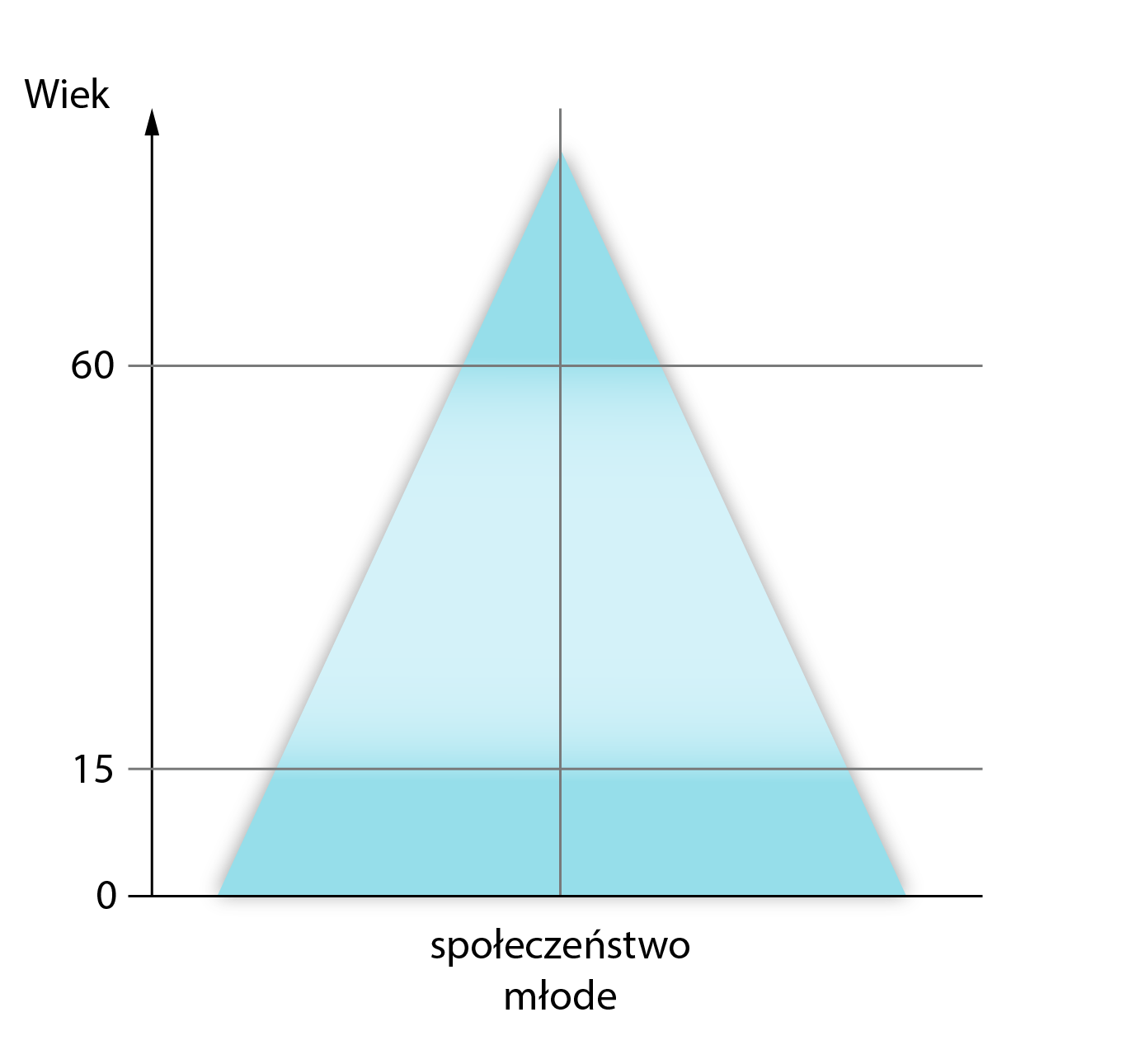 Ilustracja przedstawia kształty piramid wieku i płci dla społeczeństwa młodego. Na osi pionowej znajdującej się po lewej stronie ilustracji określono wiek od 0, przez 15 do 60 lat z wektorem w górę. Piramida ma kształt trójkąta z największą liczbą osób w wieku przedprodukcyjnym od 0 do 15 lat i najmniejszą liczbą osób w wieku poprodukcyjnym od 60 lat w górę.