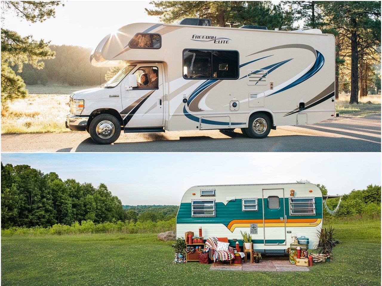 Ilustracja składa się z dwóch zdjęć. Na pierwszym od góry widoczny jest kamper poruszający się drogą. Kierowcą jest mężczyzna a pasażer to kobieta. Drugie przedstawia stojącą na trawie przyczepę kempingową. Przed przyczepę wystawiono fotel, na którym leży koc i poduszka oraz szafki i stoliki, na których ustawiono akcesoria domowe. Widoczne są tez kwiaty w doniczkach.