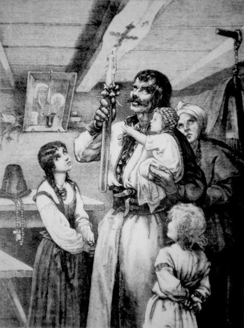 Ilustracja czarno-biała. Grafika przedstawia stary zwyczaj kopcenia belek stopu ogniem świecy w dniu Matki Boskiej Gromnicznej
