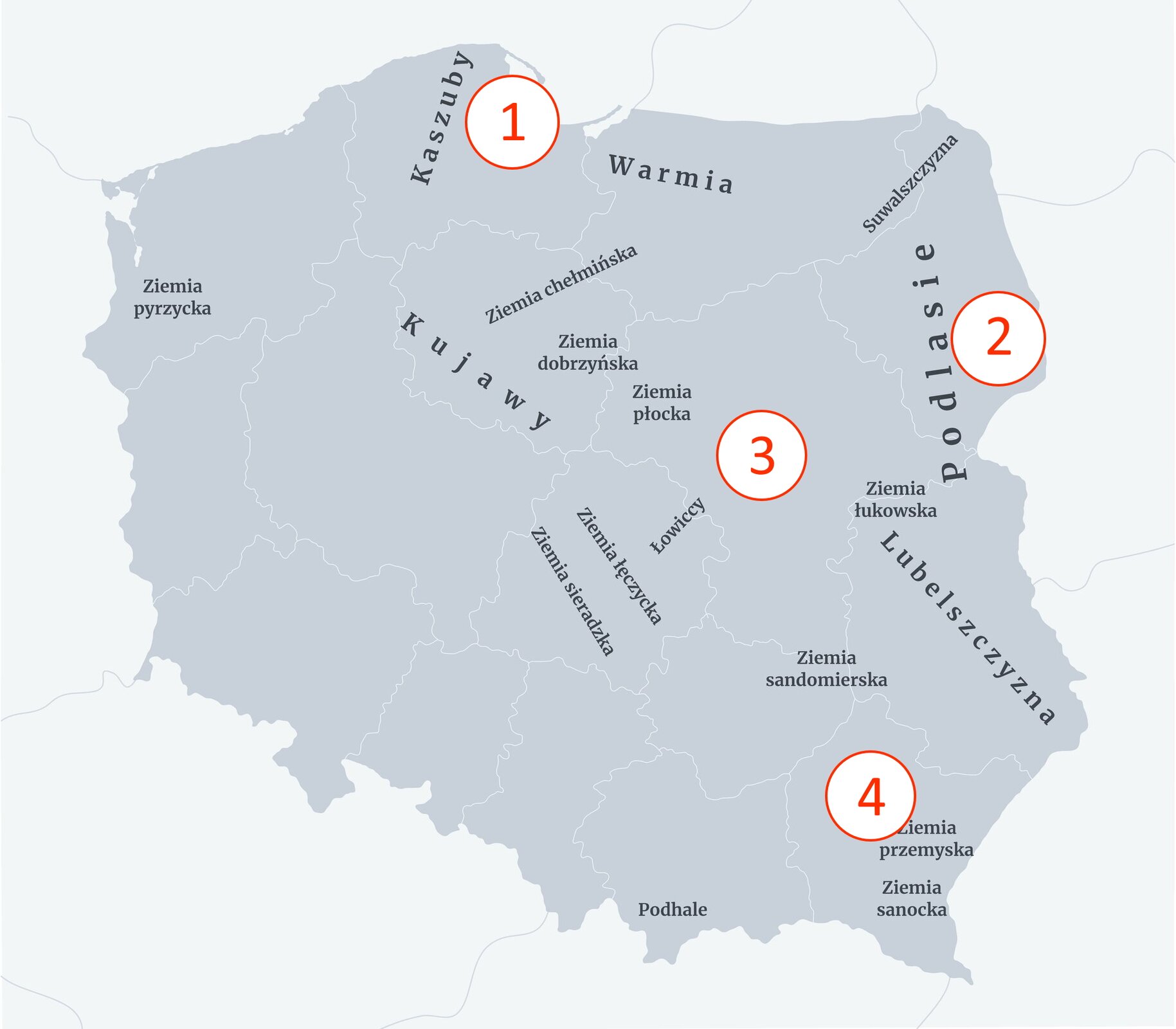 lustracja przedstawia mapę Polski wraz z naniesionymi nazwami regionów. Na mapie biało‑czerwonym okręgiem oznaczono cztery miasta, które należy dopasować do ilustracji. Cyfra jeden znajduje się w północnej części kraju, przy samym morzu. Cyfra numer dwa znajduje się przy wschodniej granicy nieopodal Białorusi. Cyfra trzy umieszczona została w centralnej części mapy, nieopodal Ziemi Płockiej. Cyfra cztery umieszczona została w południowo wschodniej części mapy. 