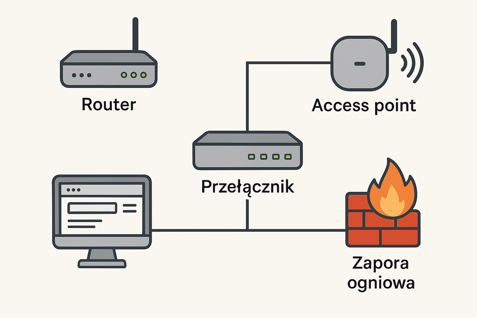 Schemat sieci komputerowej przedstawia cztery urządzenia połączone ze sobą za pomocą przełącznika sieciowego (oznaczonego jako „Przełącznik”). Do przełącznika podłączone są: komputer stacjonarny (na dole po lewej), zapora ogniowa – firewall (na dole po prawej, przedstawiona jako czerwona ceglana ściana z ogniem), router (u góry po lewej, z anteną) oraz punkt dostępu Wi‑Fi (u góry po prawej, symbolizowany przez fale radiowe). Każde z urządzeń jest opisane w języku polskim: „Router”, „Access point”, „Przełącznik”, „Zapora ogniowa”. Grafika pokazuje, w jaki sposób urządzenia są logicznie połączone w sieci lokalnej.