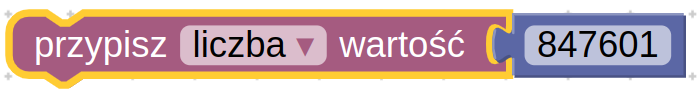 Ilustracja przedstawia dwa połączone bloki programu  Scratch pierwszy z napisem przypisz, lista rozwijana liczba koniec listy, wartość, na drugim znajduje się liczba: osiemset czterdzieści siedem tysięcy sześćset jeden.