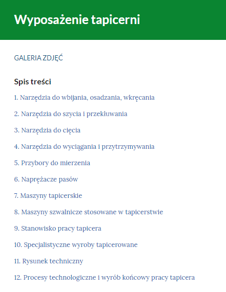 Zdjęcie przedstawia spis treści z galerii zatytułowanej "Tapicerskie prace dekoratorskie". Spis składa się z 12 punktów.