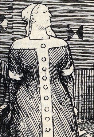 Ilustracja przedstawia kobietę ubraną w długą zapinaną na guziki suknię. Na głowie ma zawiązaną chustę.