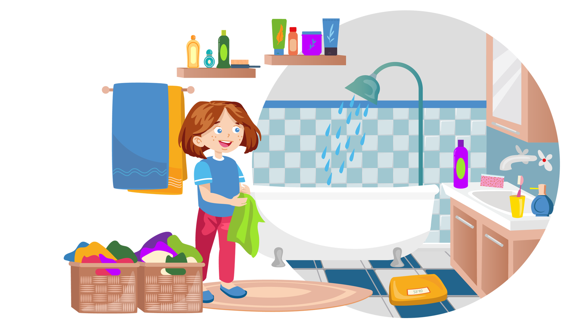 Ilustracja przedstawia łazienkę w domu Franka i Mai. W tle widać ścianę, która w górnej części jest pomalowana jasnoszarą farbą, a w dolnej pokryta kwadratowymi płytkami w kolorze jasnoszarym i niebieskoszarym. Po lewej stronie wisi na ścianie podłużny wieszak, przez który są przewieszone dwa duże ręczniki – niebieski i pomarańczowy. Na środku wiszą dwie jasnobrązowe półki. Na półkach widać 7 kolorowych opakowań kosmetyków oraz granatową szczotkę. Poniżej, na podłodze wyłożonej kwadratowymi płytkami w kolorze jasnoszarym i granatowym, stoi biała wanna. Nad wanną jest zamontowany prysznic, z którego leci woda. Po prawej stronie, na niebieskoszarej ścianie, wisi jasnobrązowa szafka z lustrem. Poniżej znajduje się srebrny kran oraz jasnobrązowa szafka stojąca z białą umywalką. Na umywalce znajdują się: fioletowa butelka szamponu z jasnozieloną etykietą, różowa gąbka, różowa szczoteczka do zębów w żółtym kubku oraz ciemnoniebieski pojemnik mydła z dozownikiem. Na lewo od szafki, na podłodze, stoi pomarańczowa waga, a nieco dalej leży okrągły beżowy dywan. Na lewo od dywanu ustawiono dwa brązowe kosze wypełnione kolorowymi ubraniami. Przy koszach, na dywanie, stoi uśmiechnięta Maja. Jest ubrana w niebieską koszulkę z krótkimi błękitnymi rękawami, długie ciemnoróżowe spodnie i ciemnoniebieskie buty. W rękach trzyma jasnozielony ręcznik.