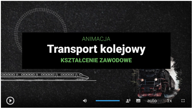 Przykładowy widok planszy filmu. Tytuł: Animacja, transport kolejowy, kształcenie zawodowe. Obok znajduje się pociąg parowy. W dolnej części ekranu znajdują się przyciski. Od lewej. Przycisk odtwórz, wstrzymaj. Następnie przycisk włączania i wyłączania dźwięku, pasek głośności, ścieżka alternatywna z audiodeskrypcją, napisy, jakość odtwarzania, prędkość odtwarzania, tryb pełnoekranowy.