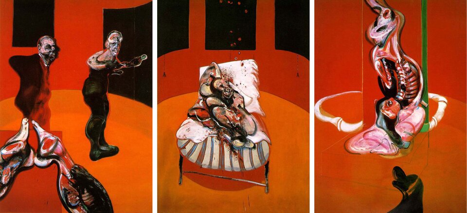 Ilustracja przedstawia obraz Francisa Bacon pt. „Trzy studia do Ukrzyżowania”. Tryptyk ukazuje nieco antropomorficzne stworzenia wijące się w udręce. Postacie ludzkie przedstawione są w przybliżeniu w naturalnych rozmiarach. Panel z lewej strony pokazuje dwie postacie w sklepie mięsnym z kawałkami mięsa na blacie. Środkowy panel zajmuje zakrwawione ciało ludzkie wijące się na łóżku, z białą kropką na stopce, prawdopodobnie z blizną po gwoździu. Ukrzyżowanie zostaje przeniesione z tradycyjnego miejsca na środkowy panel do trzeciego panelu, gdzie postać ponownie wygląda jak wypatroszony szkielet, który przesuwa się w dół po krzyżu w prawym panelu. Postacie zostały ukazane na intensywnym czerwonym tle.