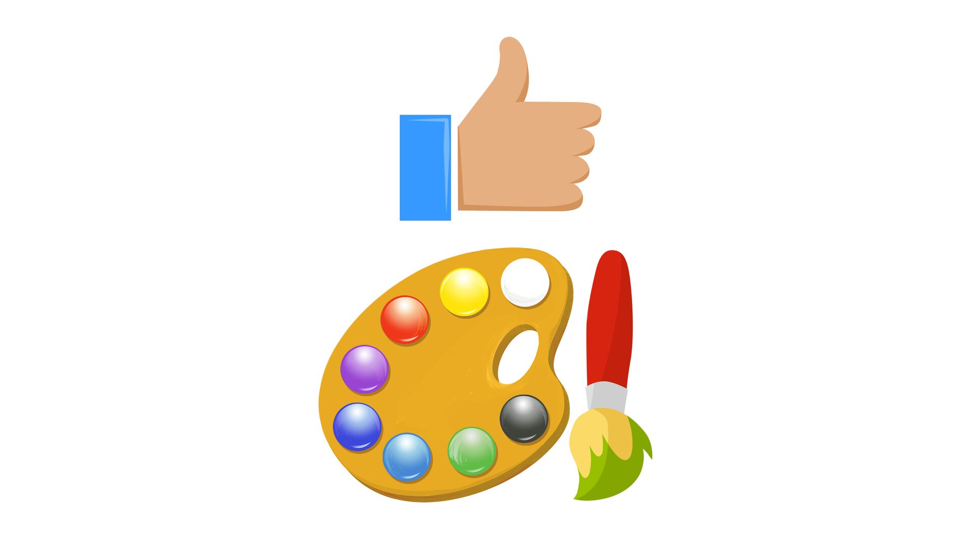 Na ilustracji znajdują się farby, pędzel i kciuk w górę.