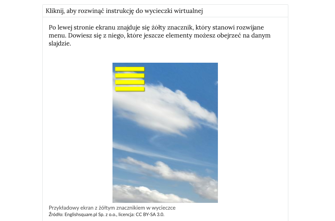 Zrzut ekranu przedstawia początek otwartej instrukcji użytkowania. Widoczny jest pasek zakładki oraz tekst poniżej. Pod tekstem znajduje się zrzut ekranu z wycieczki, do którego odnosi się tekst.