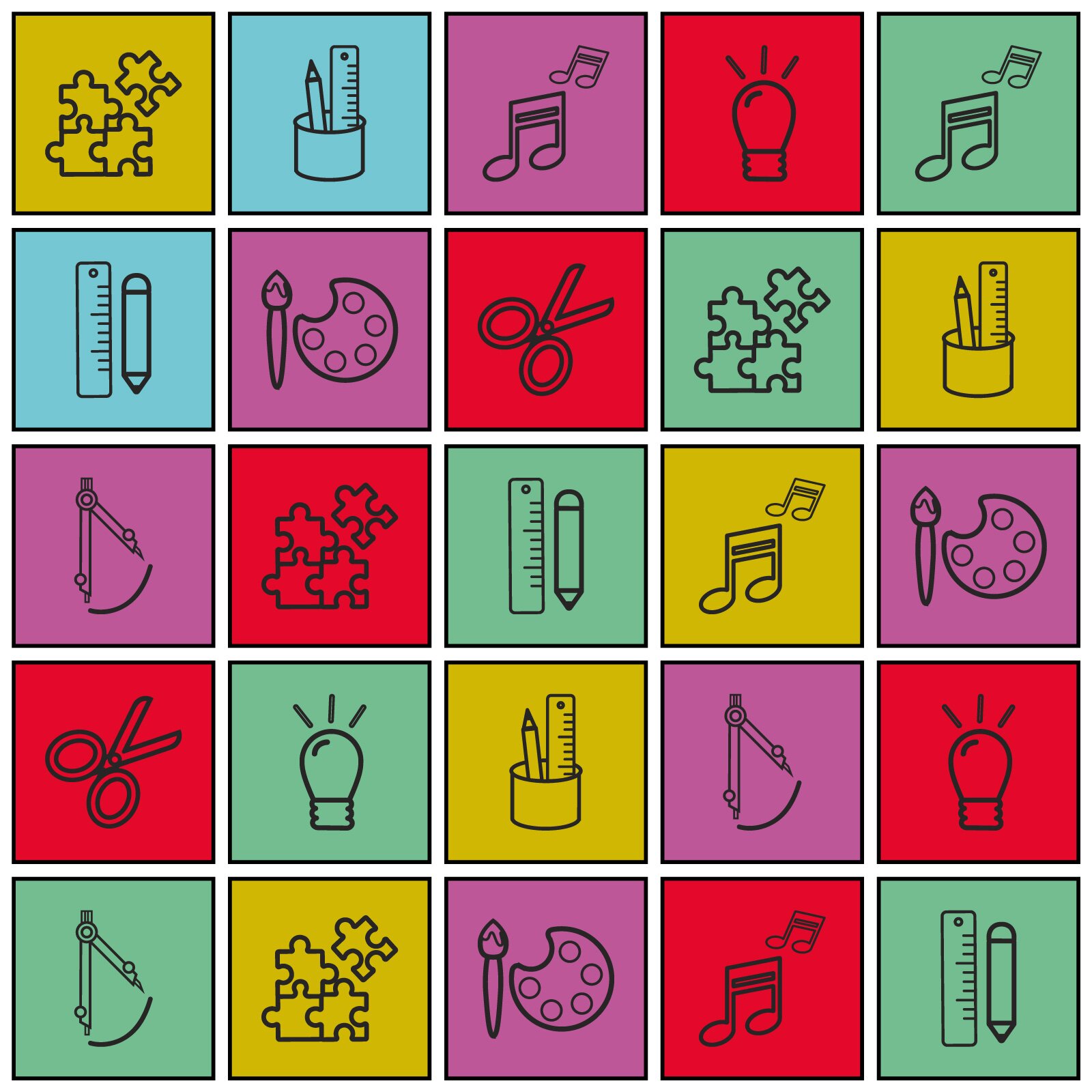 Ilustracja składa się z dwudziestu pięciu kwadratów, na których znajdują się różne ikony: puzle, paleta barw z pędzelkiem, linijka i ołówek, cyrkiel, nożyczki, żarówka i klucz wiolinowy. Obrazki mają różne kolory tła, takie jak: niebieskie, czerwone, zielone, żółte i fioletowe. 