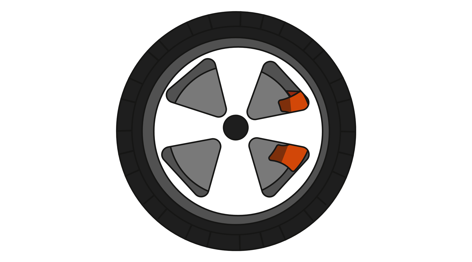 Ilustracja przedstawia schematycznie zilustrowany system ASR. Widoczne jest koło samochodu z czarną oponą umieszczoną na jego obwodzie. W centrum ilustracji znajduje się podzielona na cztery części felga koła, a w wolnych przestrzeniach znajdujących się po prawej stronie wewnątrz koła widoczne są dwa pomarańczowe, symetrycznie umieszczone, pomarańczowe elementy. 