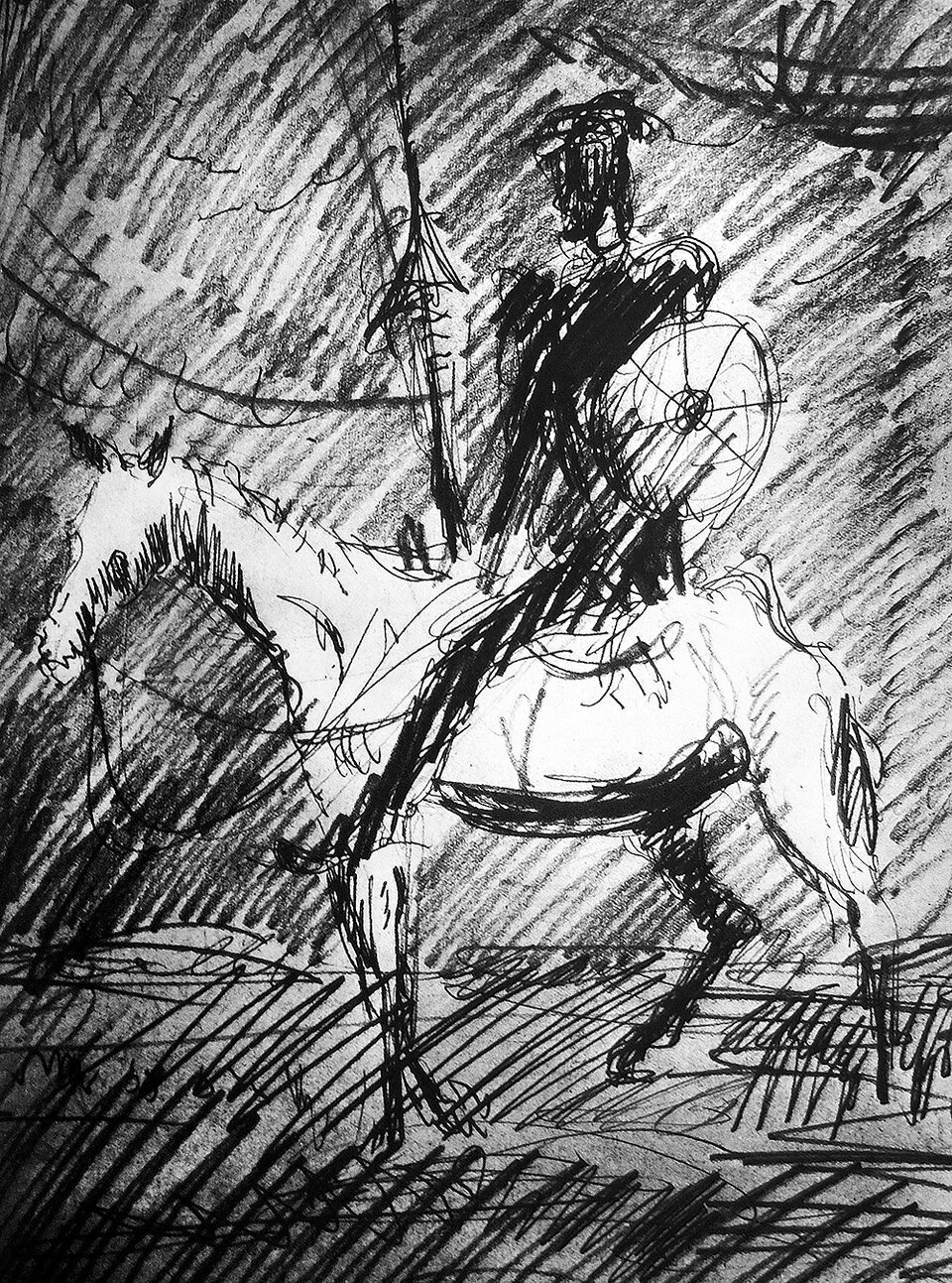 Czarno‑biały szkic przedstawia rycerza w zbroi, na koniu. Jego sylwetka jest ciemna, sylwetka konia jasna. Mężczyzna w prawej ręce trzyma pikę, w lewej okrągłą tarczę. Tło rysunku jest pokryte kreskami.