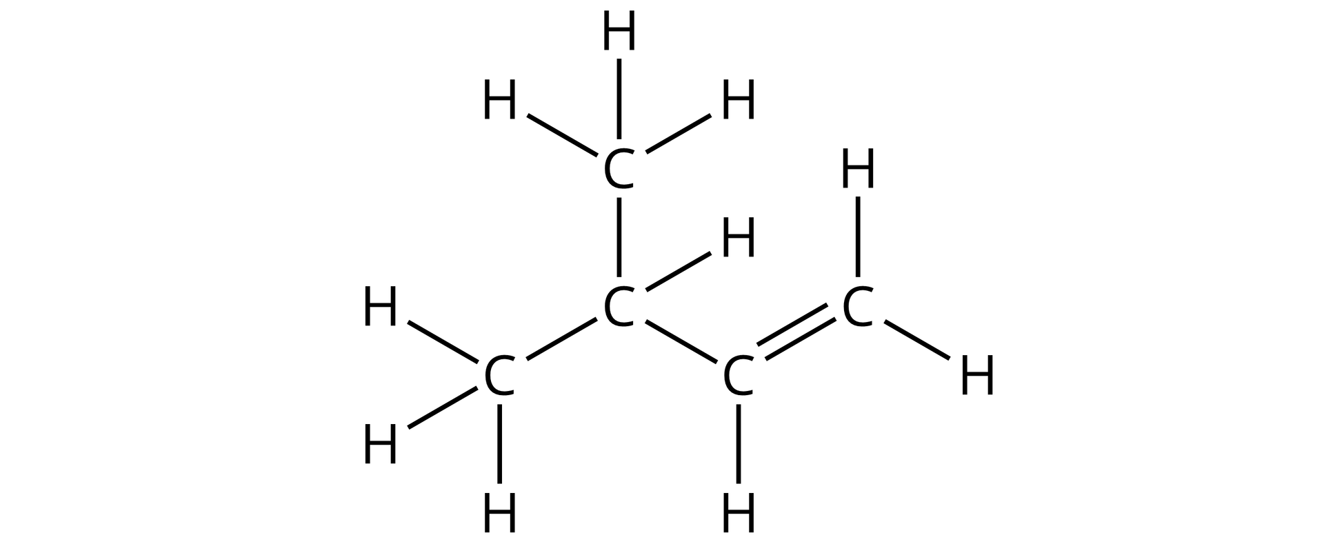 Na ilustracji jest wzór: opis od lewej strony - grupa metylowa łączy się z atomem węgla połączonym z atomem wodoru. Węgiel ten łączy się u góry z grupą metylową, a na dole z kolejnym atomem węgla. Ten łączy się na dole z atomem wodoru, a po prawej stronie wiązaniem podwójnym z grupą metylenową. 