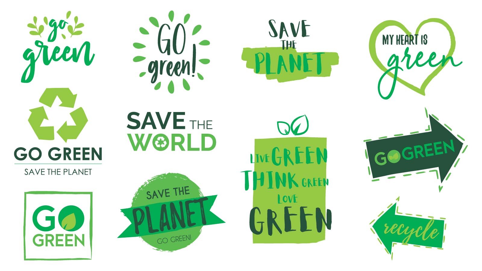 Ilustracja przedstawia znaczki oraz loga związane z ekologią. Widoczne są hasła w języku angielski:  GO GREEN, SAVE THE PLANET, SAVE THE WORLD, LIVE GREEN THINK GREEN LOVE GREEN. 