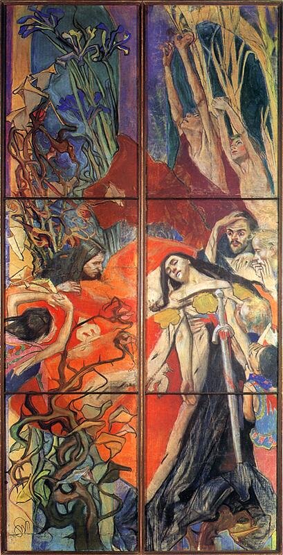 Obraz przedstawia leżącą kobietę w długiej sukni. Kobieta ma zamknięte oczy. Na jej ciele leży długi miecz.  Kobietę otacza trzech mężczyzn i dziecko z jej lewej strony. Z prawej strony kobiety widać postacie dwóch kobiet, które się nad nią pochylają. Na drugim planie widać stojące dwie postacie z wyciągniętymi dłońmi do góry. Tło obrazu ozdabiają strzeliste rośliny.