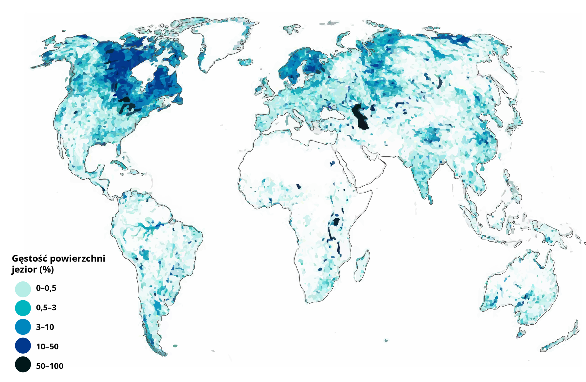 Mapa przedstawia jeziorność na świecie. Zaznaczone są na niej kontury kontynentów, a w rogu legenda informująca o gęstości powierzchni jezior. Gęstość jezior oznaczają punkty na mapie. Czym punkt jest ciemniejszy, tym gęstość jest większa. Z mapy możemy wyczytać, że największą gęstością charakteryzują się obszary północne Ameryki Północnej, czyli głównie wschodnia Kanada, w Europie Skandynawia, a w Azji środkowa Rosja. W Ameryce Południowej dużą gęstością jezior charakteryzują się m.in. obszary Amazonii i południowego Chile. Z kolei w Afryce największą gęstość mają jeziora w środkowo wschodniej części kontynentu, a w Australii jeziora leżące na południowym wybrzeżu oraz niektóre obszary w środkowej części kontynentu.