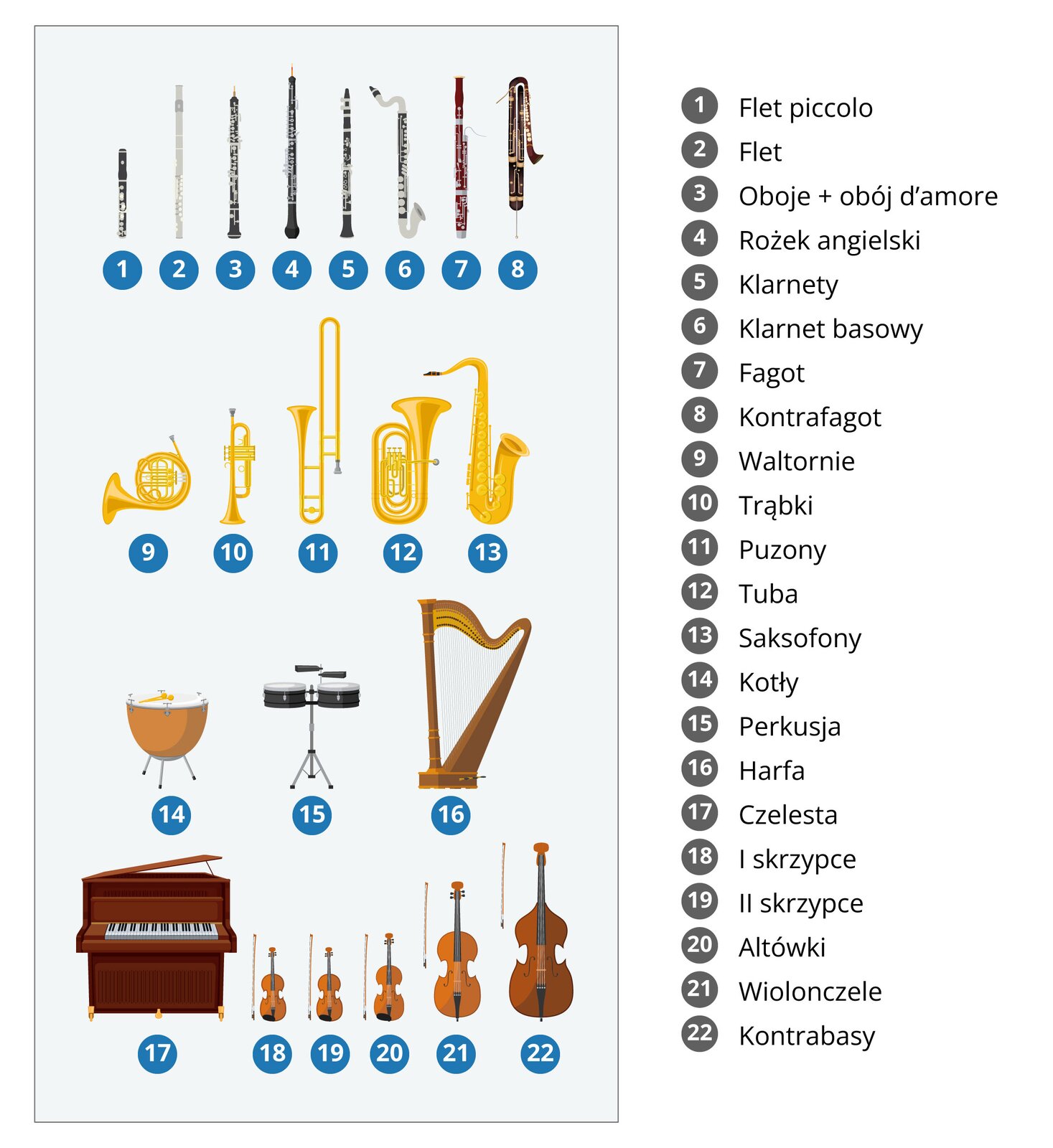 Ilustracja przedstawia skład instrumentalny potrzebny do wykonania „Bolero” Maurice'a Ravela [czytaj: morisa rawela]. Na obrazku znajdują się instrumenty ułożone w czterech liniach, jedna pod drugą. Pod każdym instrumentem jest kółko z liczbą w środku. Obok obrazka znajduje się lista instrumentów. Przy każdym napisie jest kółko z liczbą w środku. W pierwszej linii znajdują się: 1. flet piccolo [czytaj: pikolo], 2. flet, 3. oboje + obój  d'amore [czytaj: de amore], 4. rożek angielski, 5. klarnety, 6. klarnet basowy, 7. fagot, 8. kontrafagot. W drugiej linii jest: 9. waltornie, 10. trąbki, 11. puzony, 12. tuba, 13. saksofony. W trzeciej linii znajdują się: 14. kotły, 15. perkusja, 16. Harfa.W ostatniej linii jest: 17. czelesta, 18. I skrzypce, 19. II drugie skrzypce, 20. Altówki, 21. wiolonczele, 22. kontrabasy. Kolorystyka instrumentów jest srebrno‑czarno‑brązowa oraz złota.