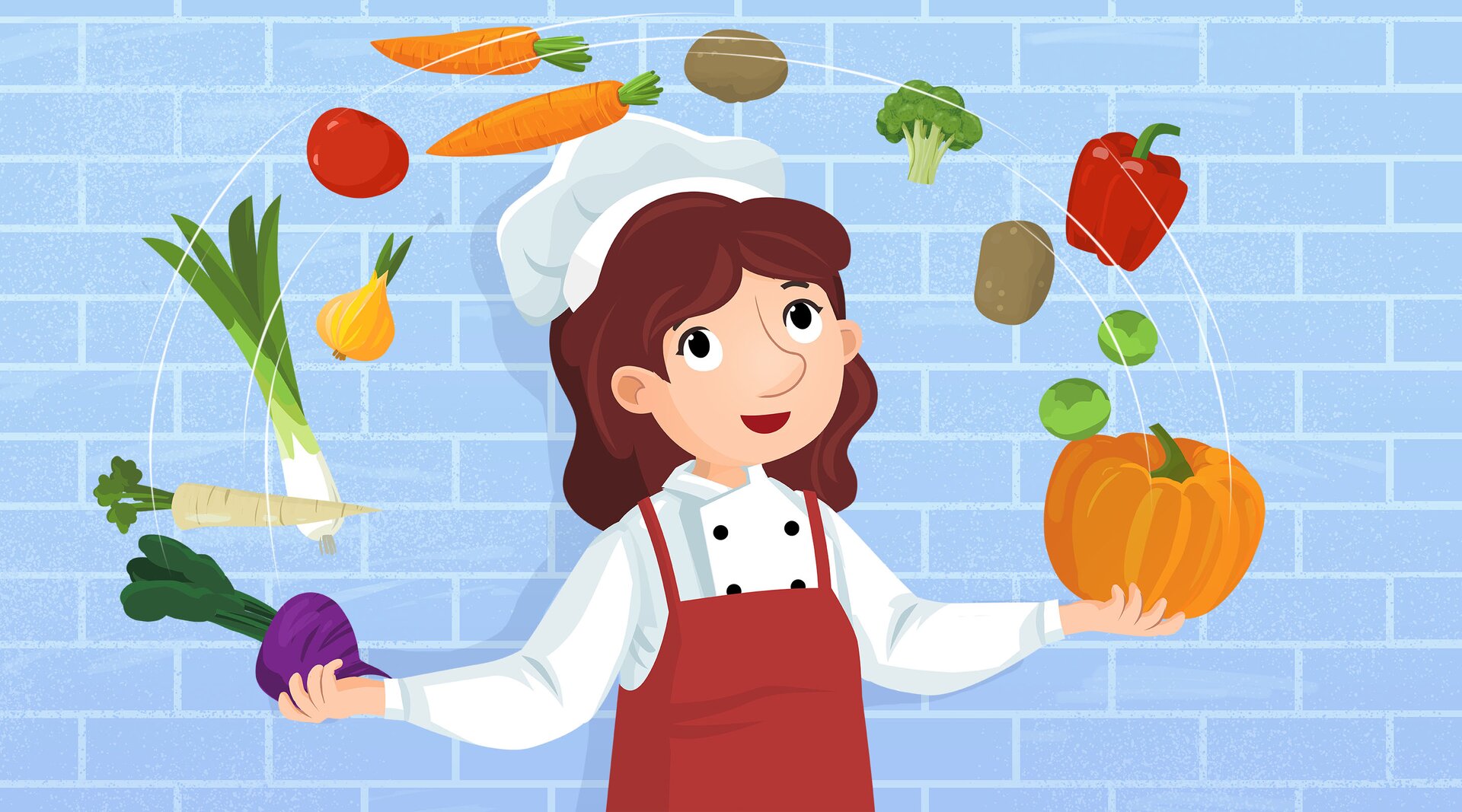 Na ilustracji znajduje się kucharka żonglująca warzywami.