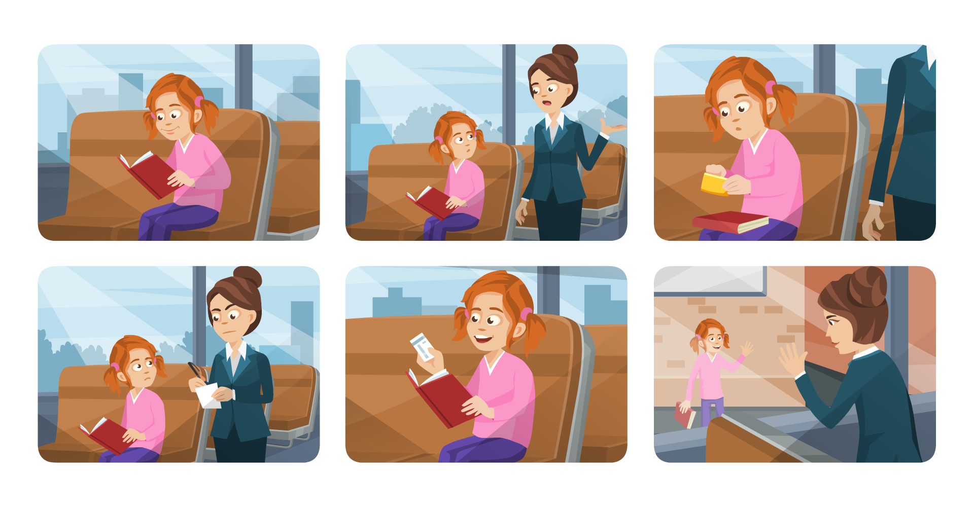 Ilustracja przedstawia sześć scen z dziewczynką i kontrolerką biletów w autobusie. W pierwszej scenie dziewczynka siedzi na siedzeniu i czyta książkę. W drugiej scenie obok dziewczynki stoi kontrolerka. W trzeciej scenie dziewczyna szuka biletu w portmonetce i nie może go znaleźć. Czwarta scena przedstawia kontrolerkę, która wypisuje mandat. Na piątym obrazku dziewczynka znajduje bilet w książce. Ostatnia scena przedstawia dziewczynkę już poza autobusem i kontrolerkę. Obie machają do siebie na pożegnanie.  