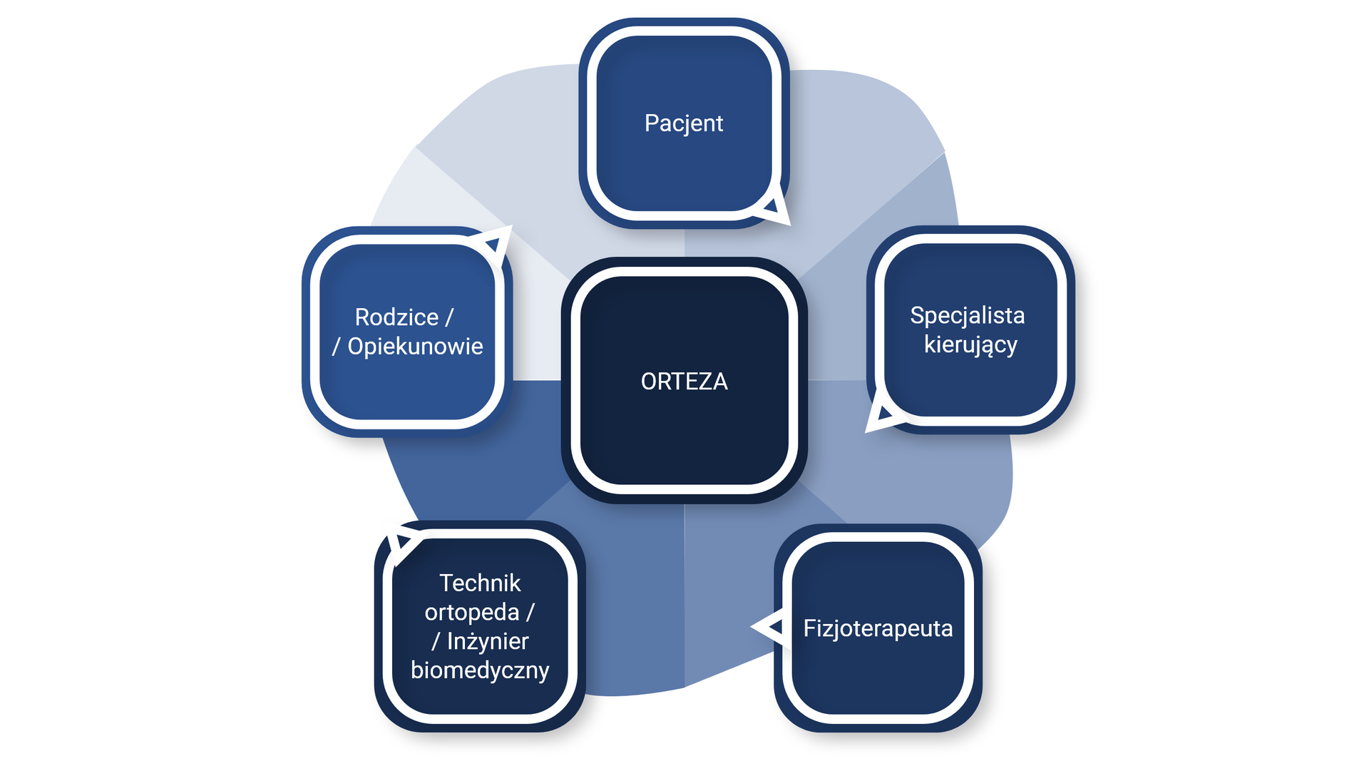 Grafika przedstawia sześć plansz. W środku znajduje się plansza z napisem: Orteza. Wokół znajdują się pozostałe plansze z napisami: Pacjent, Specjalista kierujący, Fizjoterapeuta i Rehabilitant, Technik ortopeda i Ortotyk, Rodzice i Opiekunowie.