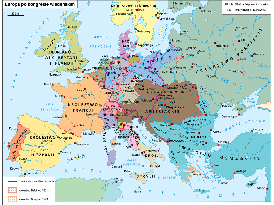 Mapa przedstawia Europę po kongresie wiedeńskim. Granice Związku Niemieckiego przebiegały pionowo przez Polskę dzieląc Pomorze na pół dalej Kujawy, Śląsk, Czechy od Słowacji,  Austrię od Węgier, Słowenię od Chorwacji, Włochy z Austrią, teren obecnych Niemiec od Belgii, Holandii i Danii. Królestwo Danii od 1831 roku znajdowało się między Holandią, Francją i Niemicami. Królestwo Grecji od 1832 roku zajmowało jedynie połowę swojego obecnego terenu granicząc z Albanią po północnej stronie. 
