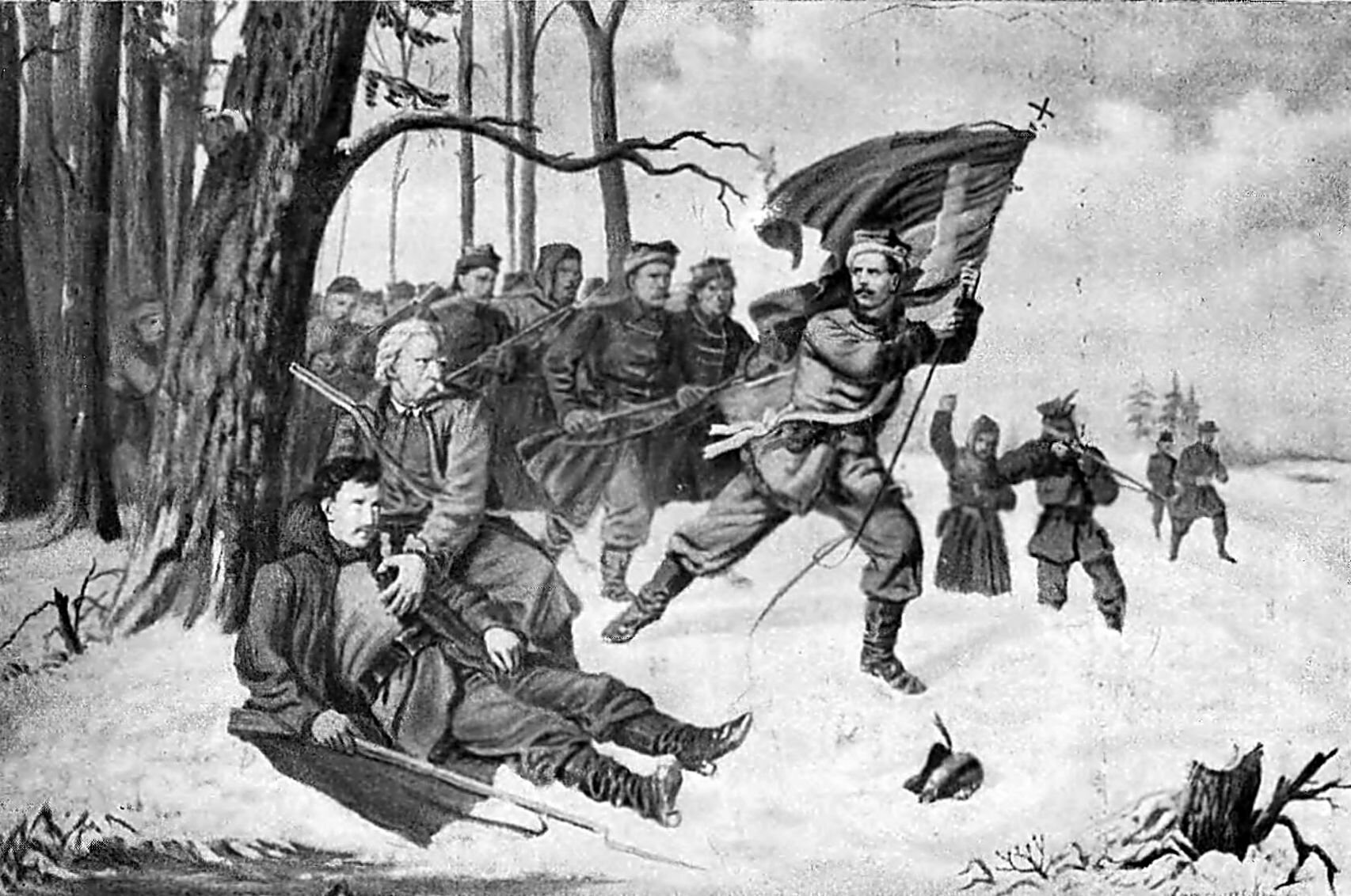 Kliknij, aby powiększyć Obraz przedstawia wychodzących z lasu żołnierzy. Prowadzi ich dowódca niosący flagę żuawów śmierci. Ma wąsy. Ubrany jest podobnie do innych żołnierzy, a przez ramię przewieszoną ma wstęgę. Pod drzewem z lewej strony obrazu leży ranny powstaniec, przy którym znajduje się broń z dołączonym bagnetem. Ubrany jest w marynarkę, luźne spodnie, wysokie buty i długi płaszcz. Młodemu żołnierzowi opatrunek na piersiach przytrzymuje starzec ze strzelbą na ramieniu. Na drugim planie, po prawej stronie obrazu, żołnierz brodzący w śniegu mierzy ze strzelby, a stojący za nim podnosi prawą rękę do góry. Wszyscy powstańcy ubrani są w wełniane sukmany, krakuski na głowach i wysokie buty, do których wciągnięte są spodnie.