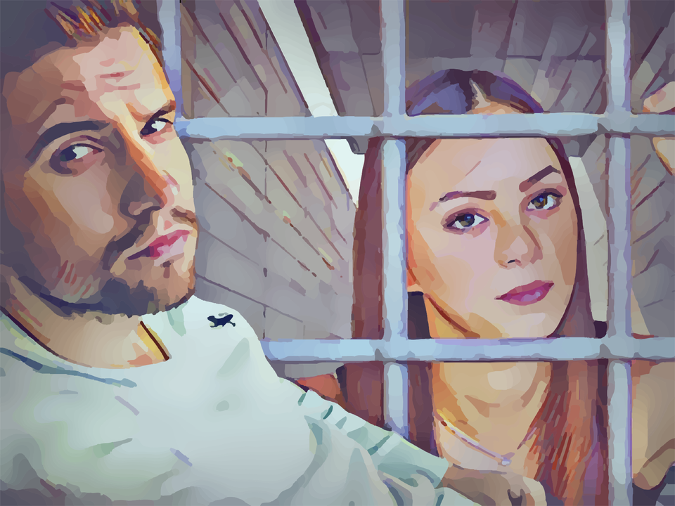 Grafika przedstawia młodego mężczyznę. Zza krat będących za mężczyzną widoczna jest młoda kobieta.