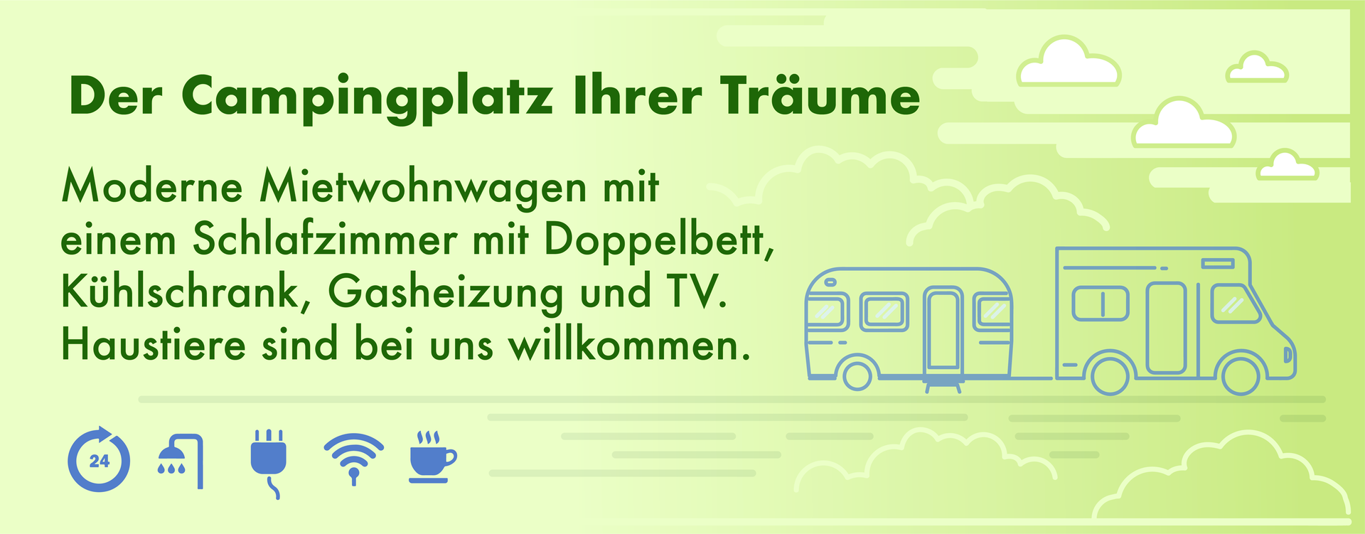 Ilustracja przedstawia reklamę miejsca kempingowego. Widoczny jest rysunek kampera i przyczepy. Transkrypcja znajduje się poniżej.