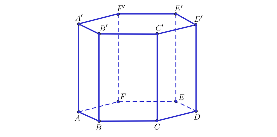 Grafika przedstawia graniastosłup prawidłowy sześciokątny, którego wierzchołki dolnej podstawy opisano A, B, C, D, E, F  a wierzchołki górnej podstawy opisano: A prim, B prim, C prim, D prim, E prim, F prim.
