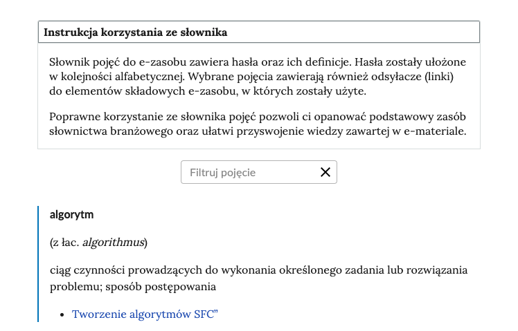 Widok na górną część słownika. Widoczny panel wyszukiwania haseł ze znakiem zamknięcia iks. Poniżej treść definicji.