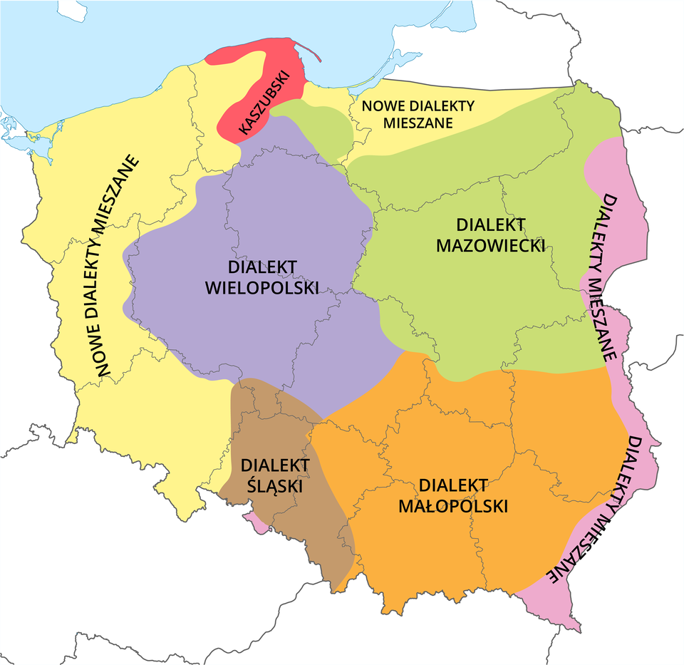 Ilustracja przedstawia mapę administracyjną Polski z podziałem na województwa. Zaznaczono na niej zasięg dialektów występujących w Polsce. Dialekt mazowiecki jest używany w zachodniej i północnej części województwa podlaskiego, w południowo‑zachodniej części województwa warmińsko‑mazurskiego, w południowo‑wschodniej części województwa pomorskiego, niewielkiej północno‑wschodniej części województwa kujawsko‑pomorskiego, w znacznej północnej i środkowej części województwa mazowieckiego, w niewielkiej północno‑wschodniej części województwa łódzkiego i w północnej części województwa lubelskiego sięgającej jednej trzeciej jego długości. Dialekty mieszane występują w wąskim panie wzdłuż wschodniej granicy kraju, w województwach: podlaskim, lubelskim i podkarpackim. Dialekt małopolski jest stosowany w znacznej części województwa lubelskiego, w województwach podkarpackim i świętokrzyskim, w znacznej części województwa małopolskiego, w północno‑wschodniej połowie województwa opolskiego, w małej północno‑wschodniej części województwa śląskiego, w małej południowo‑wschodniej części województwa łódzkiego. Dialekt śląski jest używany w południowej części województwa opolskiego, w znacznej części województwa śląskiego, w małych południowych częściach województw wielkopolskiego i łódzkiego, w małej północno‑wschodniej części województwa dolnośląskiego. Dialekt wielkopolski jest stosowany w niemal całym województwie wielkopolskim, w znacznej części województwa kujawsko‑pomorskiego, w północnej części województwa pomorskiego, w zachodniej części województwa łódzkiego oraz na obrzeżach województw dolnośląskiego i lubuskiego. Dialekt kaszubski jest używany w środkowej części województwa pomorskiego. Nowe dialekty mieszane występują w województwie zachodnio‑pomorskim, lubuskim, dolnośląskim, w północnej części województwa warmińsko‑mazurskiego oraz w części województwa pomorskiego.
