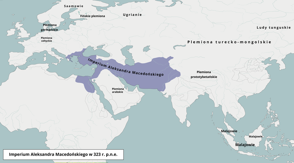 Ilustracja przedstawia mapę imperium Aleksandra Macedońskiego. Jest to mapa geograficzna, na której przedstawione zostały tereny imperium znajdujące się na obecnych terenach Gracji, Macedonii, Armenii, Egiptu. 