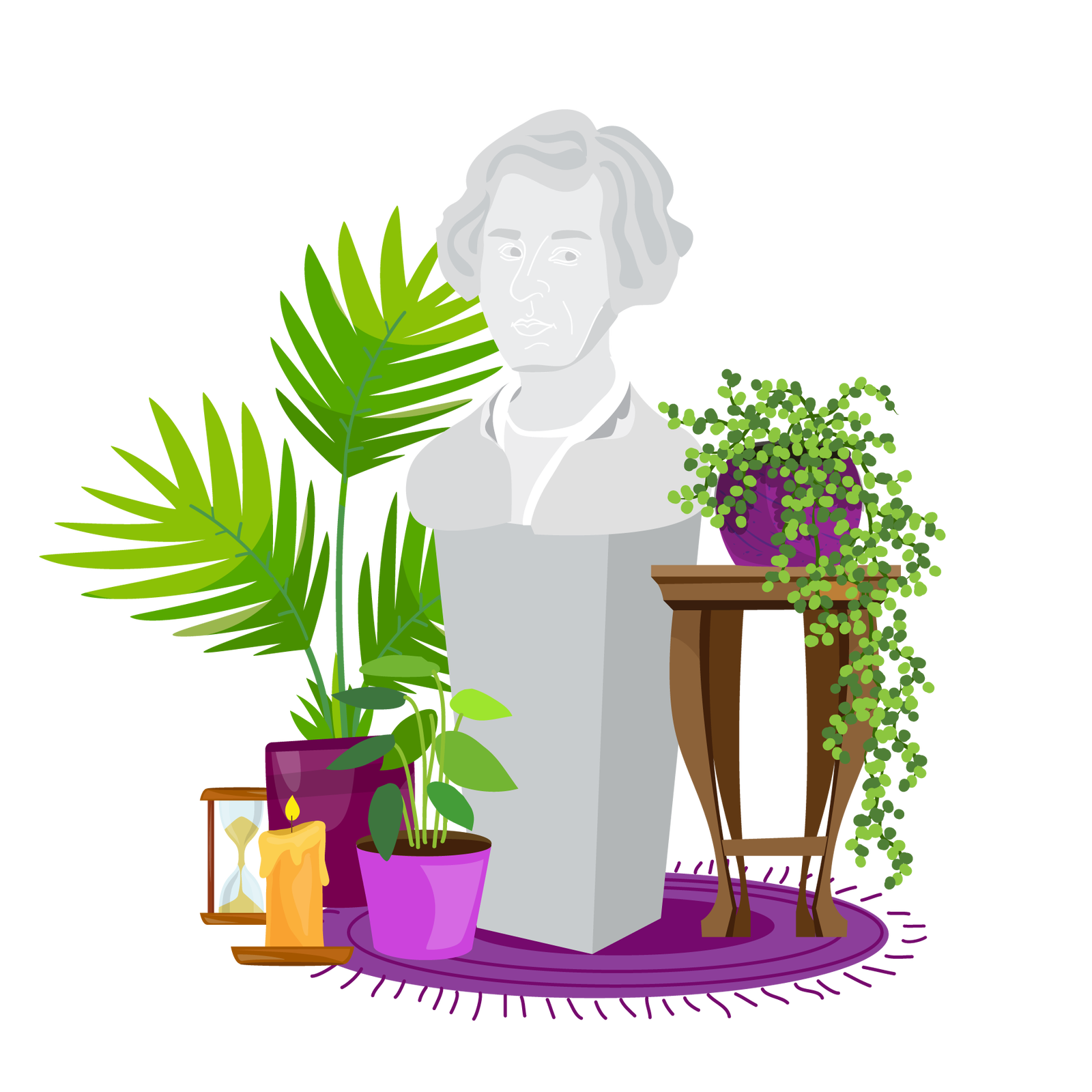 Ilustracja przedstawia wysoką rzeźbę przedstawiającą popiersie Fryderyka Szopena, czyli odwzorowanie jego głowy i górnej części klatki piersiowej. Pod rzeźbą leży okrągły fioletowy dywan z frędzlami. Na lewo od rzeźby, na dywanie, stoją dwie zielone rośliny w fioletowych donicach, klepsydra oraz zapalona pomarańczowa świeca na brązowej podstawce. Na prawo od rzeźby widać wysoki brązowy stolik, na którym umieszczono zieloną roślinę w fioletowej donicy. Długie gałązki rośliny opadają w dół stolika.