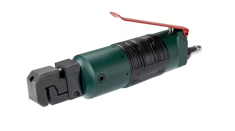 Zdjęcie przedstawia dziurkarkę ręczną. Urządzenie ma postać wałka, na którego końcu znajduje się hakowata metalowa końcówka.