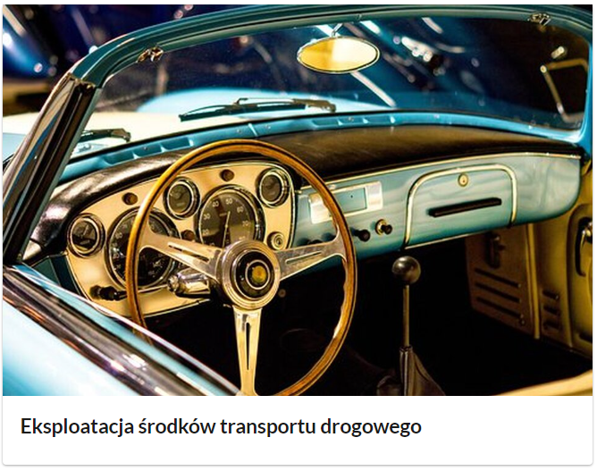 Zrzut ekranu przedstawia okładkę e‑book'a. Na okładce widnieje zdjęcie wnętrza starego samochodu ze złożonym dachem. Poniżej zdjęcia widać tytuł e‑book'a Eksploatacja środków transportu drogowego.