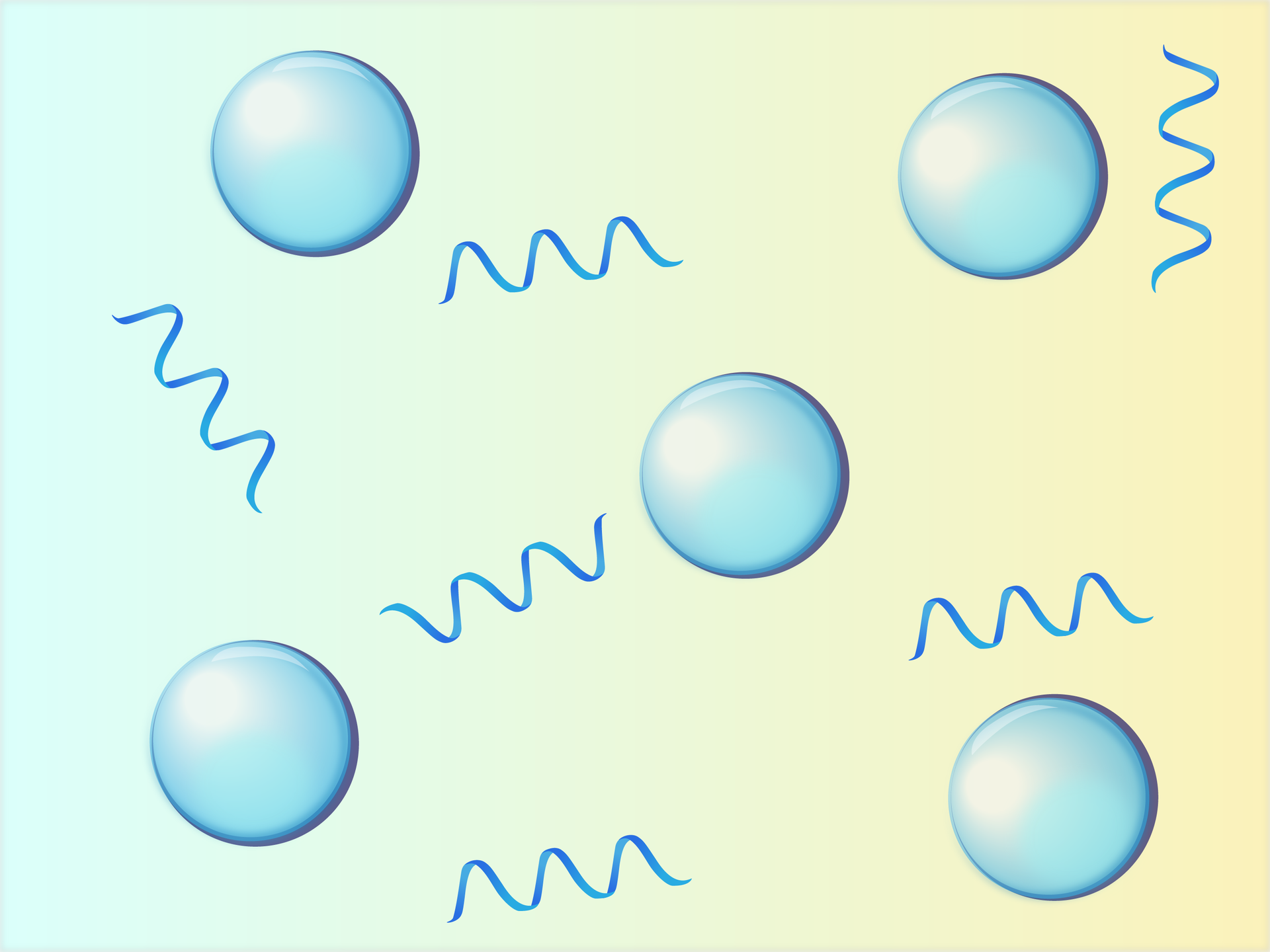 Ilustracja przedstawiająca schematycznie wynik krótkotrwałego ubijania białka. Na rysunku znajduje się kilka pojedynczych kulek reprezentujących pęcherzyki powietrza. Pomiędzy nimi znajdują się krótkie helisy utworzone przez łańcuchy białkowe. 