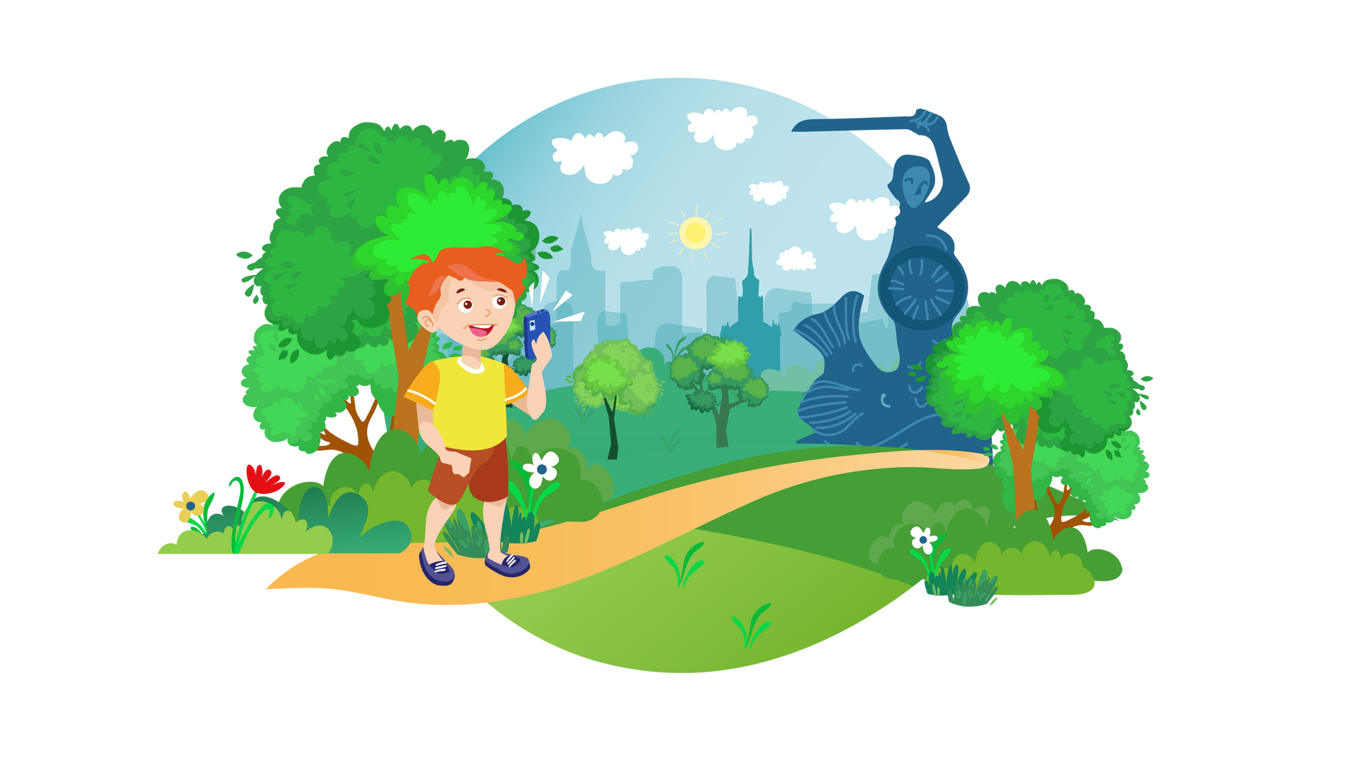 Ilustracja przedstawia zieloną polanę, na której rosną krzewy, drzewa liściaste i pojedyncze kwiaty. W tle widać zarys wysokich budynków miejskich oraz błękitne niebo ze słońcem i białymi chmurami. Po prawej stronie stoi granatowy pomnik warszawskiej Syrenki. Jest to pół kobieta, pół syrena. W prawej ręce trzyma tarczę, a w lewej, uniesionej nad głową, miecz. Na pierwszym planie znajduje się ścieżka. Po jej lewej stronie stoi uśmiechnięty Franek. Jest ubrany w żółtą koszulkę z krótkimi pomarańczowymi rękawami, krótkie brązowe spodnie i granatowe buty z białymi sznurówkami. W prawej dłoni trzyma telefon komórkowy, którym robi zdjęcie pomnikowi.