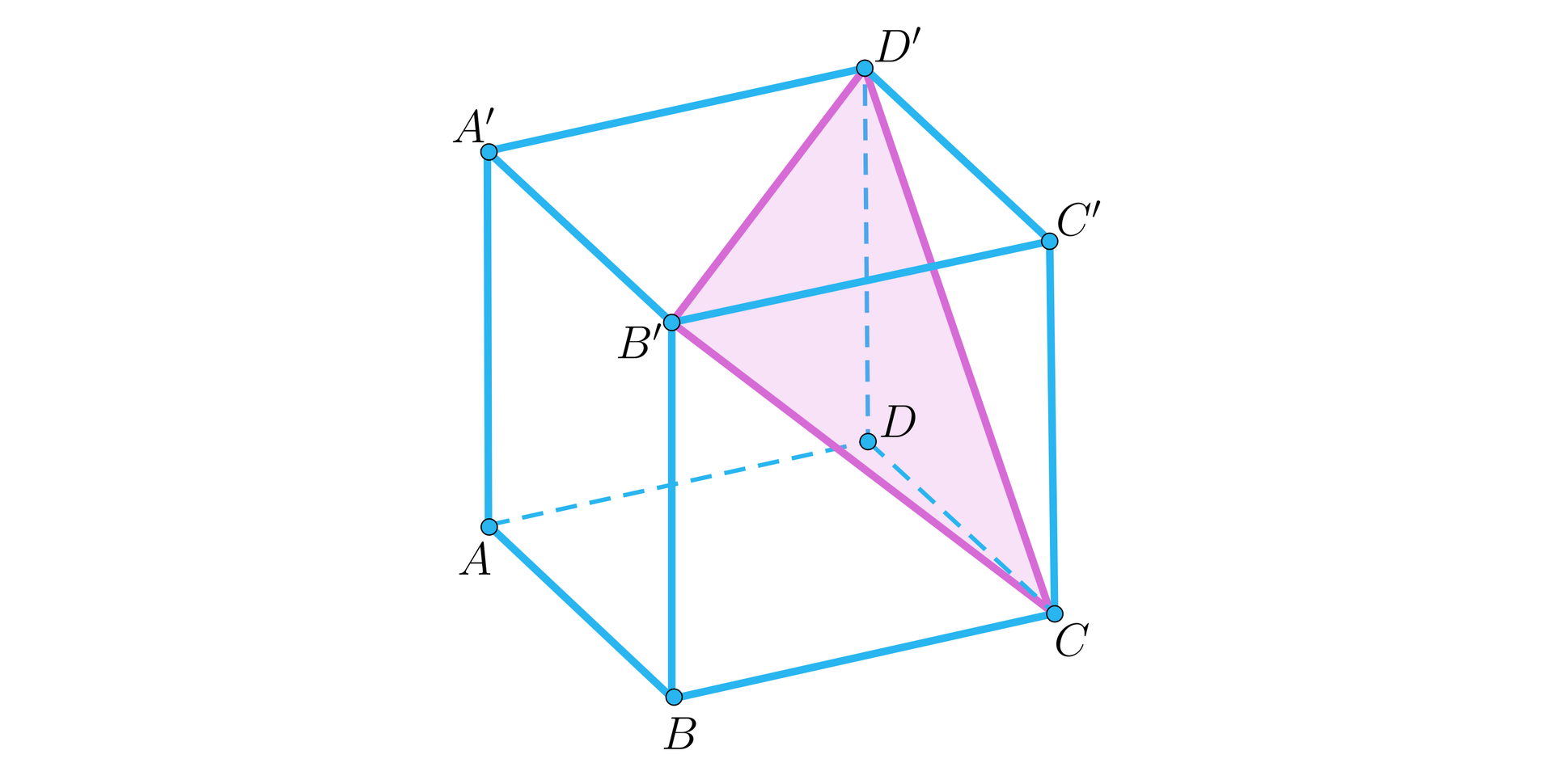 Ilustracja przedstawia sześcian A B C D A prim B prim C prim D prim. Przez wierzchołki C B prim D prim przebiega płaszczyzna o kształcie trójkąta 