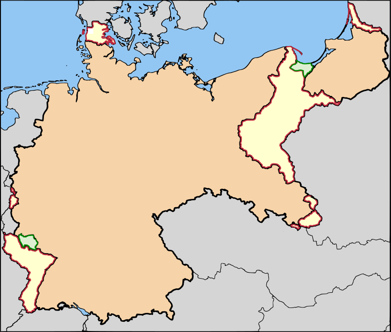 Ilustracja przedstawia terytorium Niemiec po podpisaniu traktatu wersalskiego.