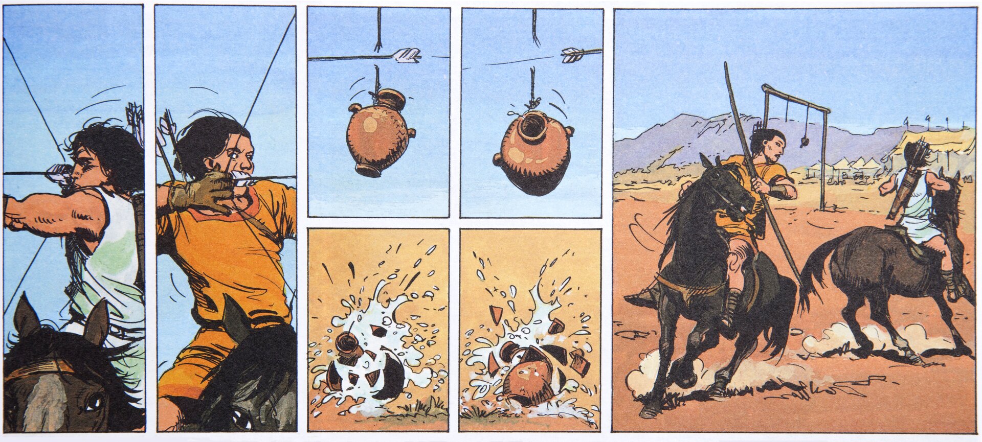 Ilustracja przedstawia stronę z komiksu Grzegorza Rosińskiego i Jeana Van Hammea „Thorgal Barbarzyńca”. Ukazuje dwóch mężczyzn na koniach, strzelających do zawieszonych na linkach dzbanów. Zbliżenie przedstawia dwie strzały, przebijające sznury i upadające dzbany, z których wylewa się płyn. Ostatni kadr ukazuje widok na odjeżdżających wojowników.