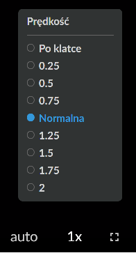 Zdjęcie przedstawia ikonę oraz panel zmiany prędkości odtwarzania filmu. Ikona składa się z jedynki i małego iksa. Nad ikoną wyświetlony jest panel zatytułowany prędkość i zawierający różne opcje prędkości do wyboru. Opcje od góry to: po klatce, dwadzieścia pięć setnych, pięć dziesiątych, siedemdziesiąt pięć setnych, normalna, jeden i dwadzieścia pięć setnych, jeden i pięć dziesiątych, jeden i siedemdziesiąt pięć setnych, dwa. Zaznaczoną opcją jest prędkość normalna. Można to stwierdzić po niebieskim kolorze tego napisu. Obok ikony zmiany prędkości widać po lewej stronie ikonę auto, a po prawej kwadrat umożliwiający włączenie pełnego ekranu.